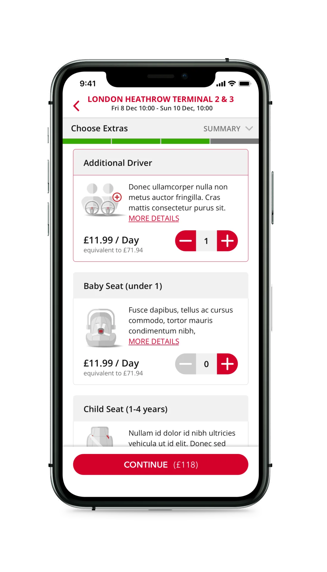 AVIS app screen for adding rental extras