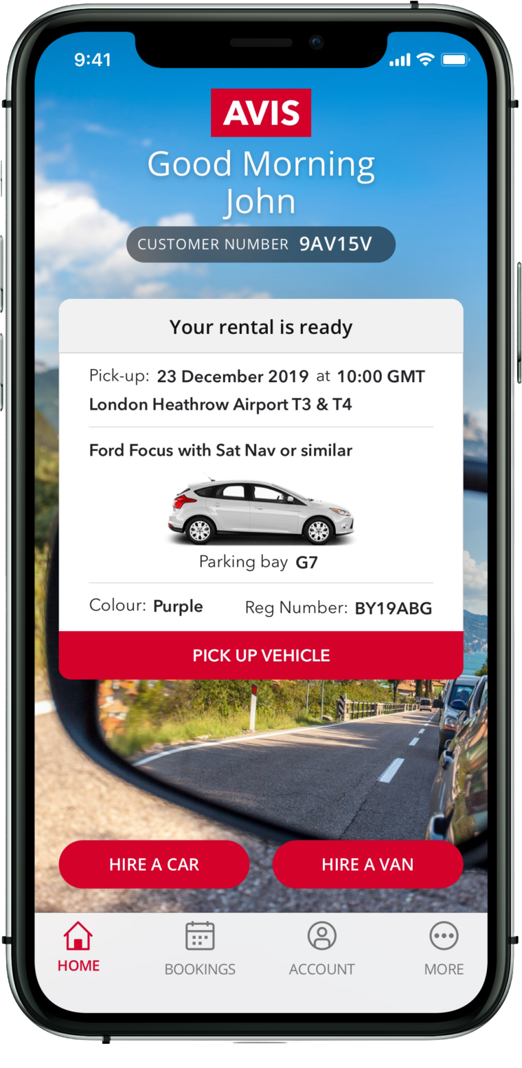 AVIS app showing that a rental car is ready