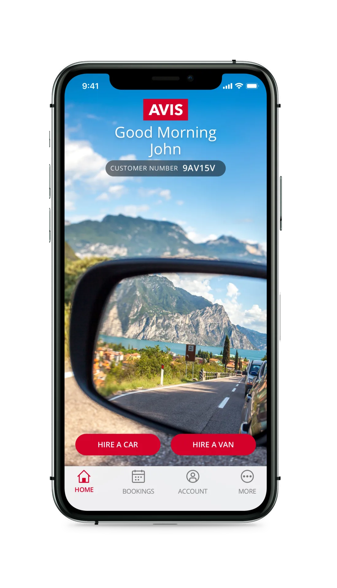 AVIS app home screen with car rental search